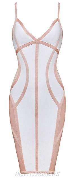 Herve Leger Pink White Contrast V Neck Bandage Dress