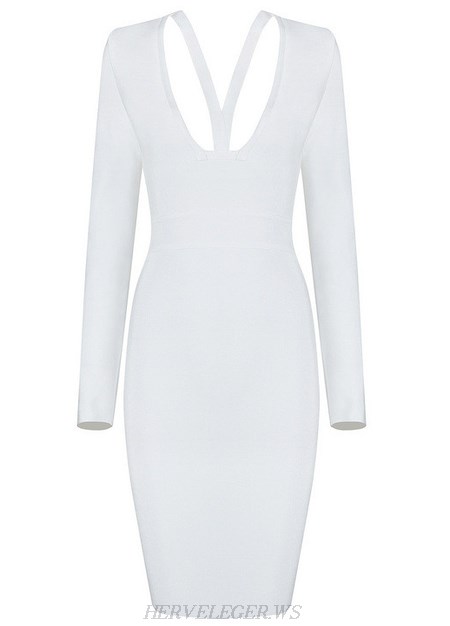 Herve Leger White Long Sleeve Cut Out Neck Dress