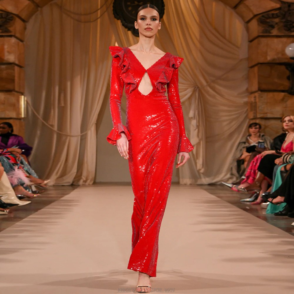 Herve Leger Red Long Sleeve Ruffle Sequin Gown