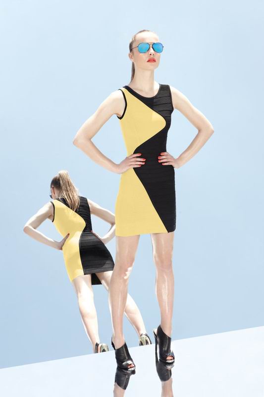 Herve Leger 2014 Black And Yellow Colorblock Bandage Dress