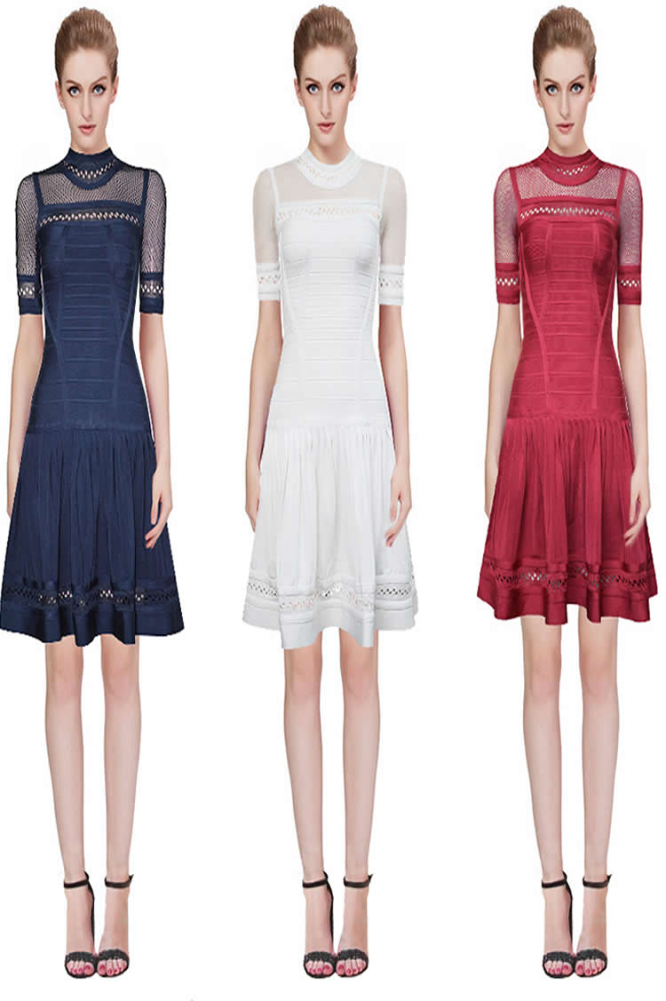 Herve Leger Blue White And Red Multicolor Translucent Lace Net Yarn Mid-sleeve A Line Dress