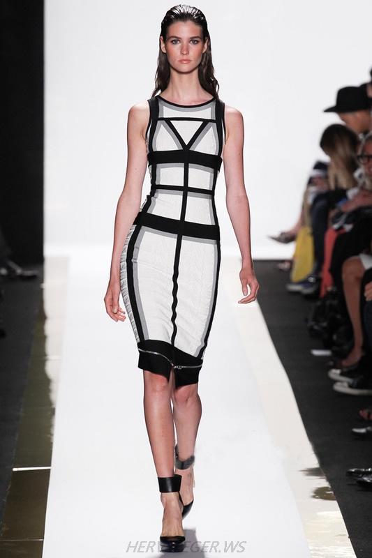 Herve Leger Black And White Geometric Strips Colorblock Bandage Dress