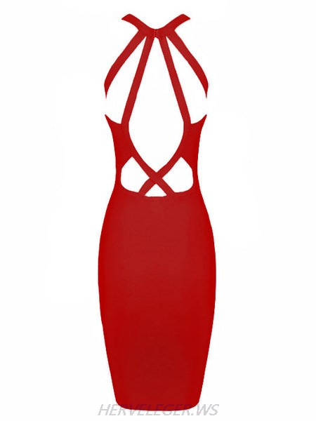 Herve Leger Eva Red Keyhole Cutout Detail Dress