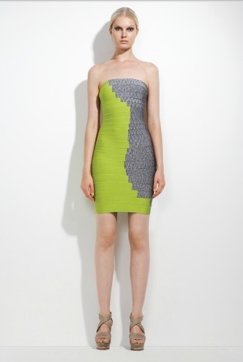 Herve Leger Green And Grey Color Block Strapless Dress