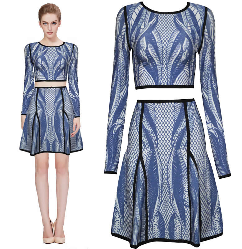 Herve Leger Blue And White Multicolor Long Sleeve Flared Dress