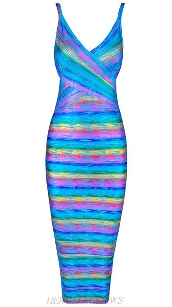 Herve Leger Blue Woodgrain Foil Print Rainbow Dress