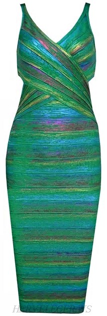 Herve Leger Green Woodgrain Foil Print Rainbow Bandage Dress