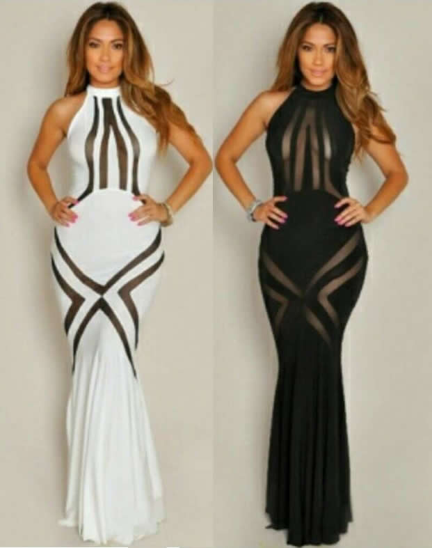 Herve Leger Black And White Multicolor Sleeveless Hollow Transparent Fishtail Mopping Dress