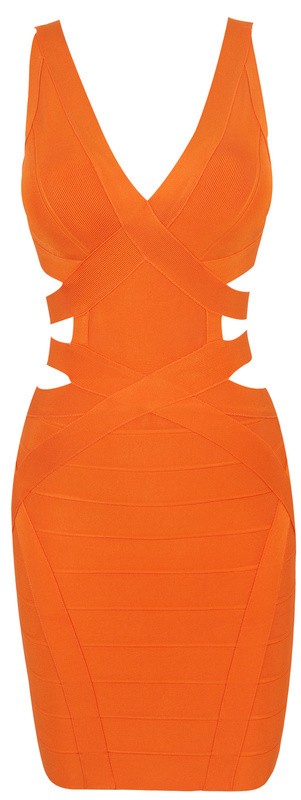 Herve Leger New Deep V Neck Cutout Orange Bandage Dress