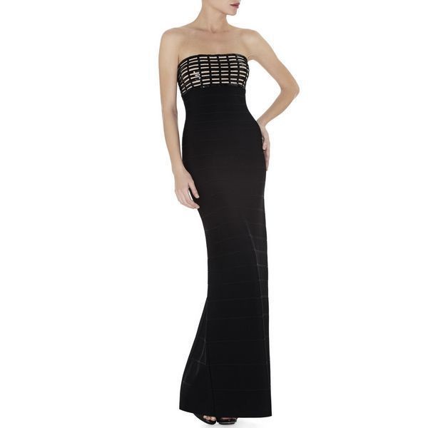 Herve Leger New Style Black Grid Strapless Bandage Gown