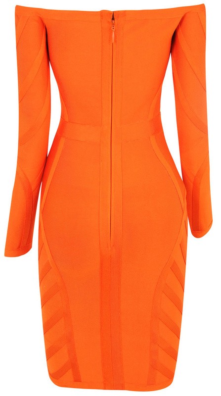 Herve Leger Orange Long Sleeve Strapless Bandage Dress