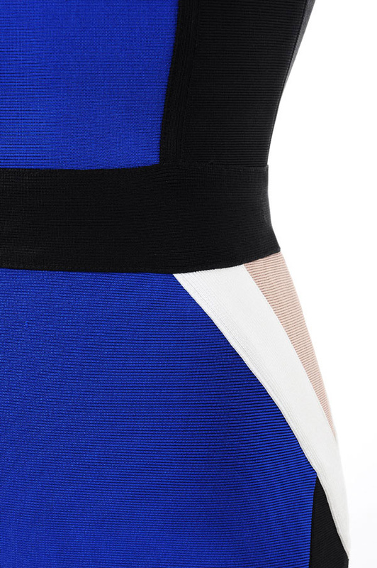 Herve Leger V Neck Blue Colorblock Bandage Dress