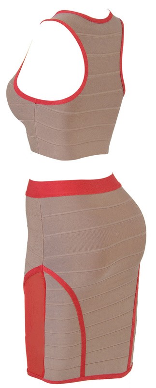 Herve Leger V Neck Red And Grey Colorblock See Through Bandage Dress