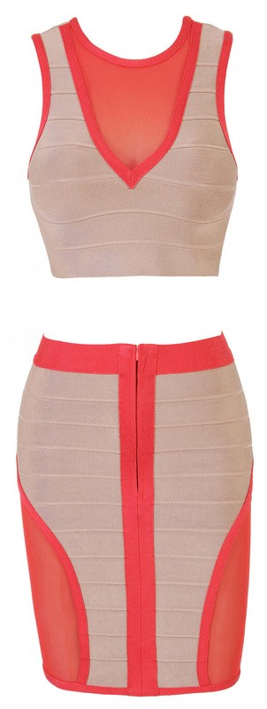 Herve Leger V Neck Red And Grey Colorblock See Through Bandage Dress