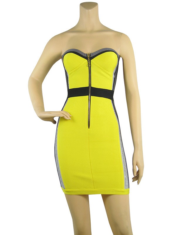 Herve Leger Yellow And Black Strapless Dress