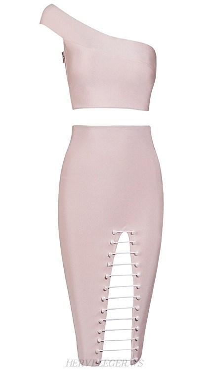 Herve Leger Pink One Shoulder Cut Out Two Piece Bandage Dress 
