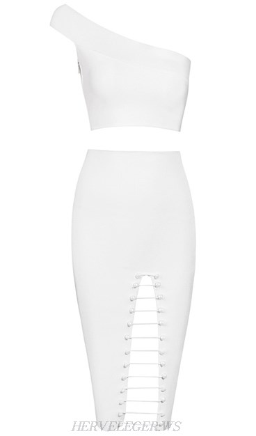 Herve Leger White One Shoulder Cut Out Two Piece Bandage Dress