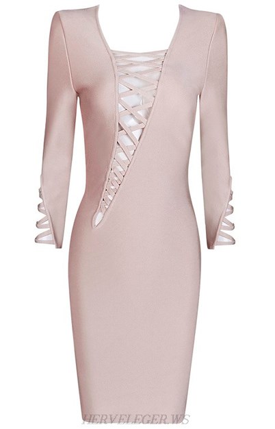 Herve Leger Nude Asymmetrical Lace Up Dress