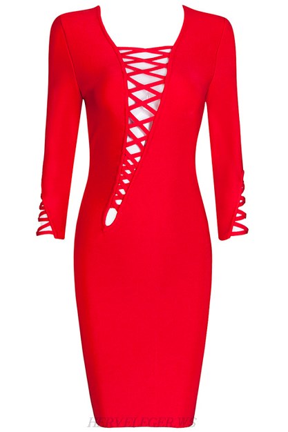 Herve Leger Red Asymmetrical Lace Up Dress