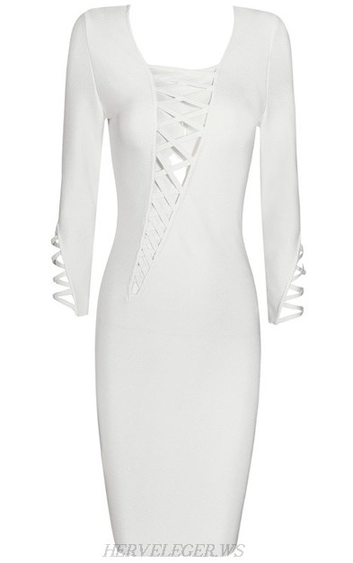 Herve Leger White Asymmetrical Lace Up Bandage Dress