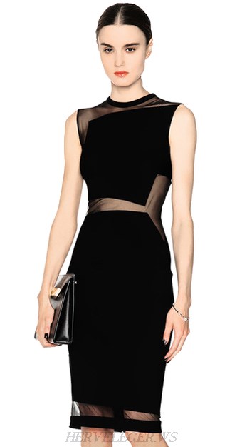 Herve Leger Black Asymmetrical Mesh Dress