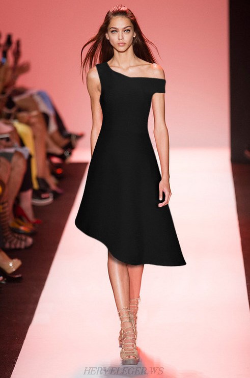 Herve Leger Black Asymmetrical Skater Dress