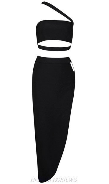 Herve Leger Black Asymmetrical Strap Two Piece Dress