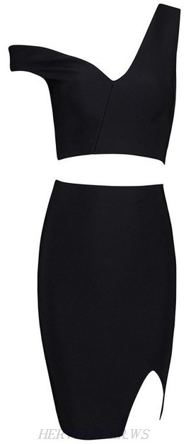 Herve Leger Black Asymmetrical Two Piece Dress