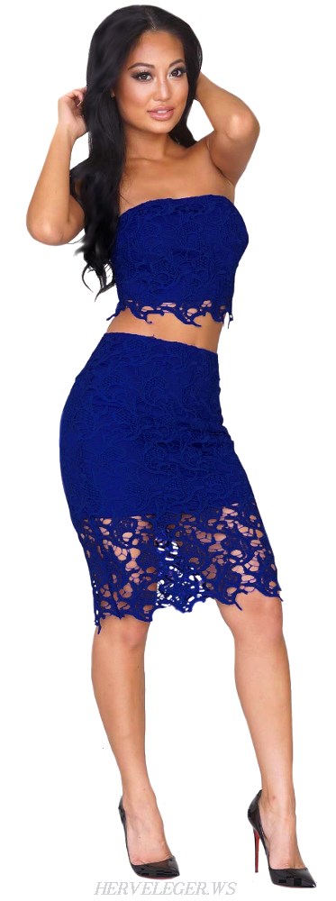 Herve Leger Blue Bandeau Crochet Two Piece Dress
