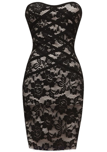 Herve Leger Black Strapless Bandeau Lace Dress