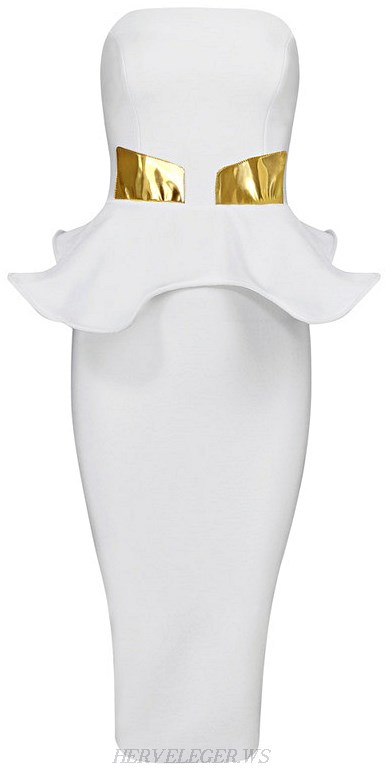 Herve Leger White Bandeau Peplum Bandage Dress