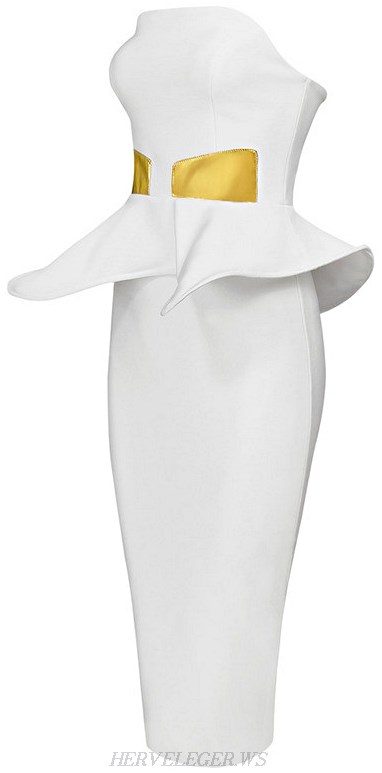 Herve Leger White Bandeau Peplum Bandage Dress
