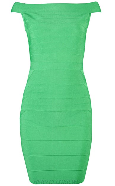 Herve Leger Green Bardot Bandage Dress