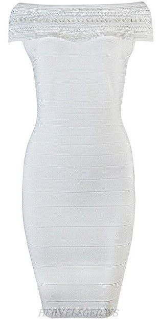 Herve Leger White Bardot Crochet Bandage Dress