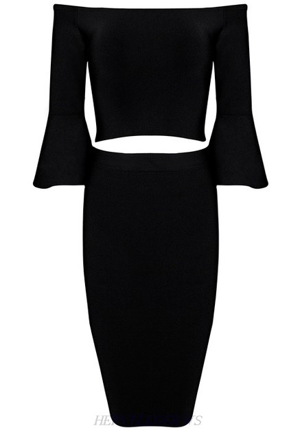 Herve Leger Black Bardot Flare Sleeve Two Piece Dress