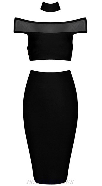 Herve Leger Black Bardot Mesh Two Piece Dress