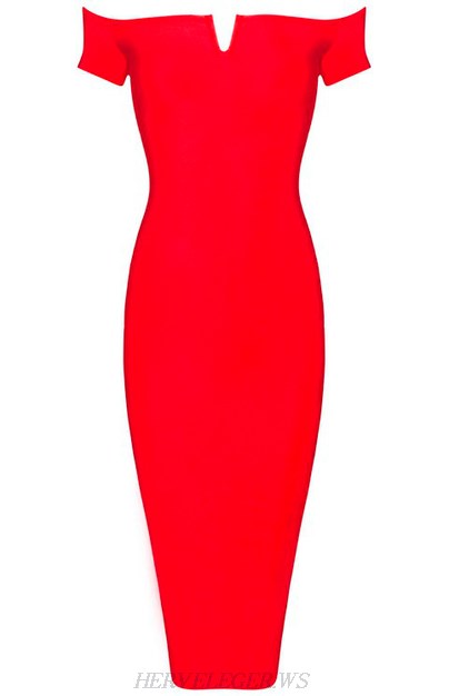 Herve Leger Red Bardot Notch Front Dress