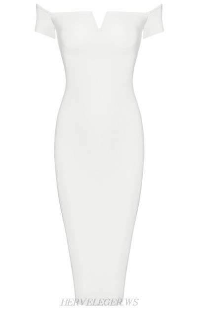 Herve Leger White Bardot Notch Front Dress