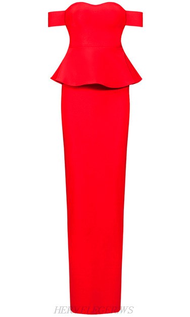 Herve Leger Red Bardot Peplum Evening Gown