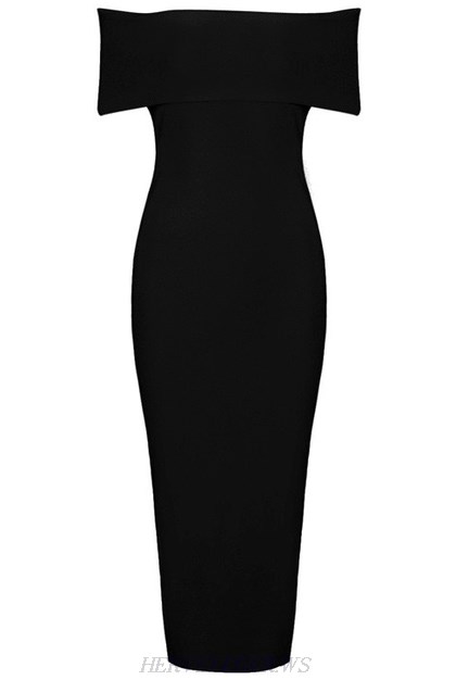 Herve Leger Black Bardot Side Slit Dress