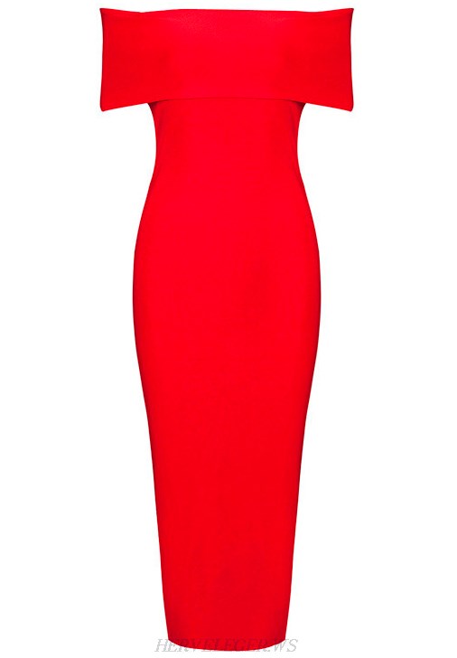 Herve Leger Red Bardot Side Slit Dress