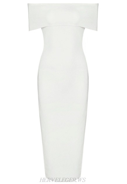 Herve Leger White Bardot Side Slit Dress