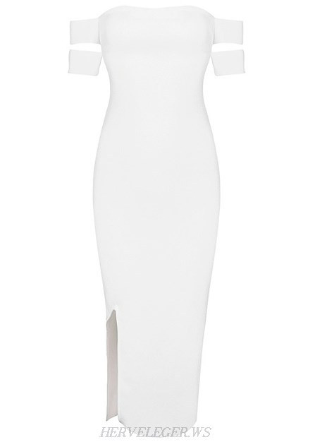 Herve Leger White Bardot Slit Gown