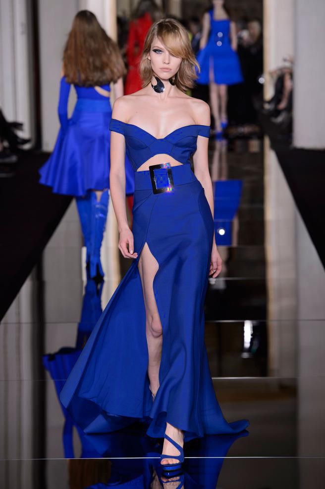 Herve Leger Blue Bardot Sweetheart Slit Gown 