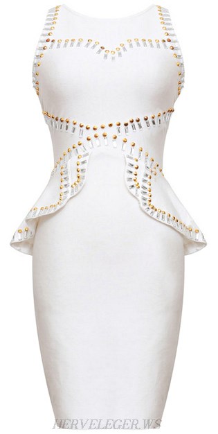 Herve Leger White Beaded Peplum Dress