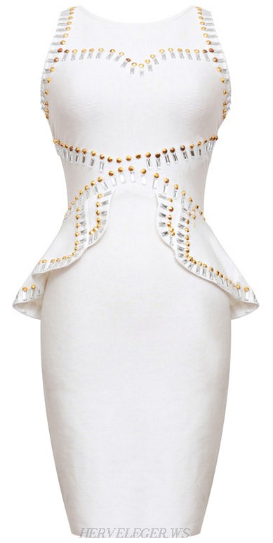 Herve Leger White Beaded Peplum Dress