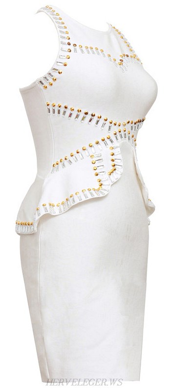Herve Leger White Beaded Peplum Dress