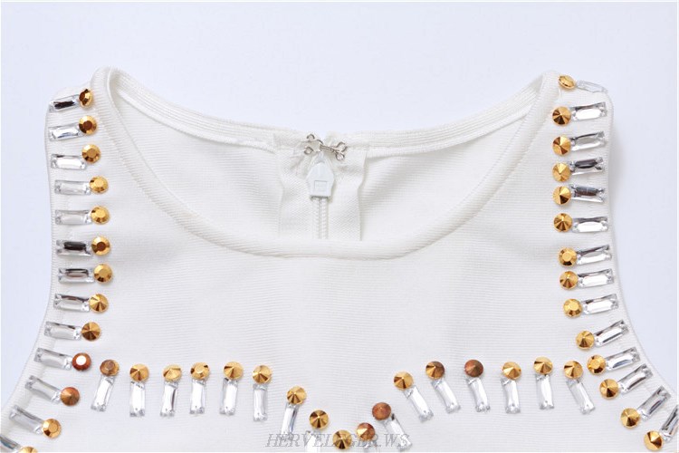 Herve Leger White Beaded Peplum Dress