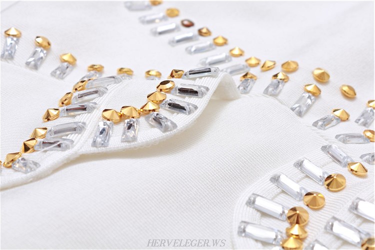 Herve Leger White Beaded Peplum Dress
