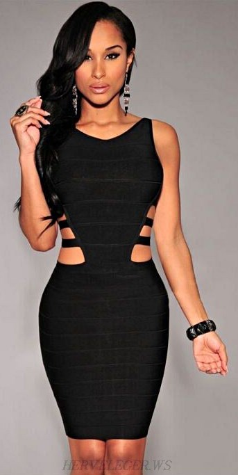 Herve Leger Black Boat Neck Cut Out Bandage Dress